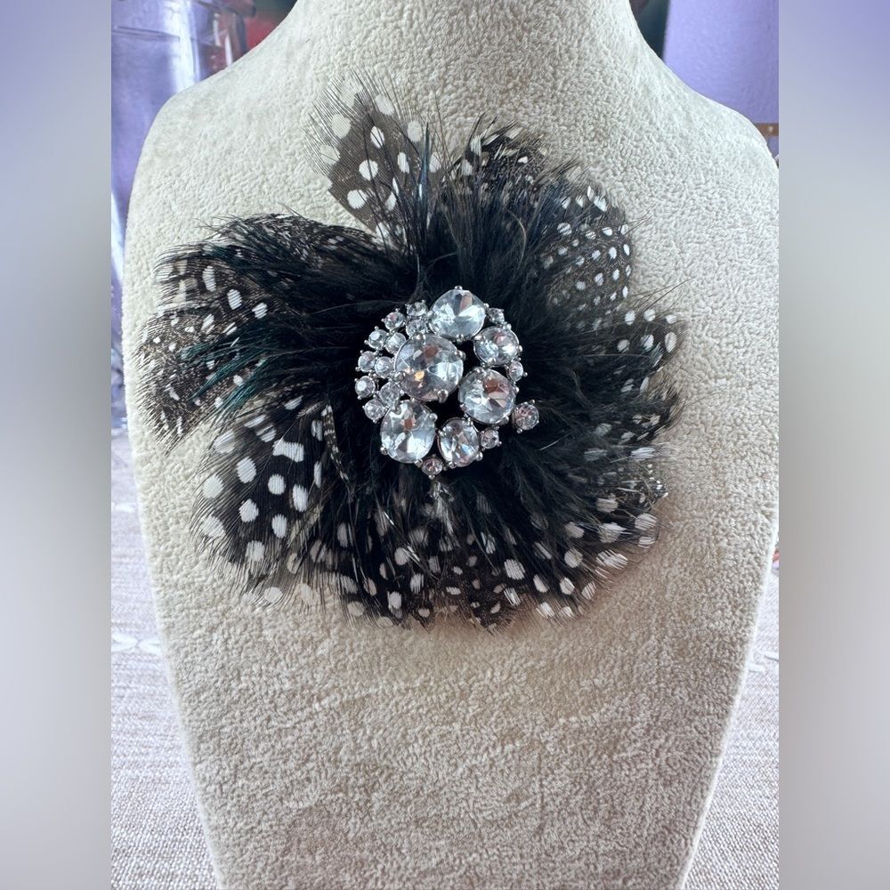 Black and White Feather Brooch with Rhinestones